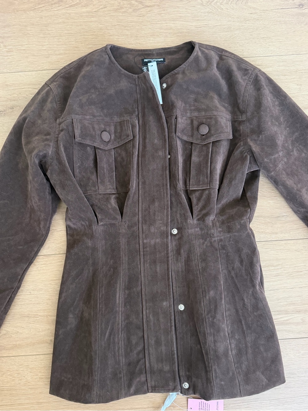 Pretty Little Thing Faux Suede Covered Button Cinch Waist Jacket in